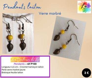 Boucles pendants laiton verre marbré jaune feuille acier Les Couleurs de Lo