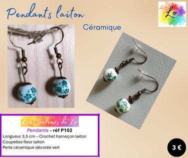 Boucles pendants laiton céramique décorée vert Les Couleurs de Lo