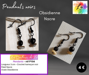 Boucles pendants noirs Obsidienne Nacre Les Couleurs de Lo