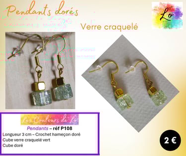 Boucles pendants dorés verre craquelé vert cube acier Les Couleurs de Lo