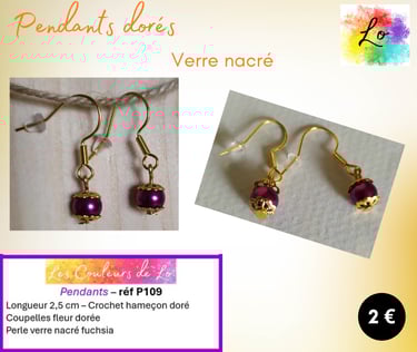 Boucles pendants dorés verre nacré fuchsia Les Couleurs de Lo