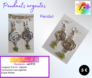 Boucles pendants argentés fleur métal Péridot Les Couleurs de Lo