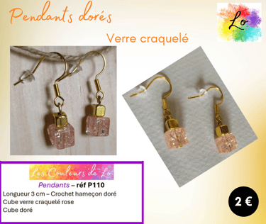 Boucles pendants dorés verre craquelé rose cube acier Les Couleurs de Lo