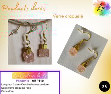 Boucles pendants dorés verre craquelé rose cube métal Les Couleurs de Lo