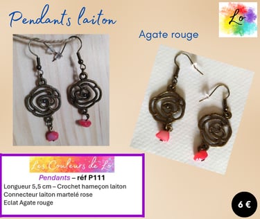 Boucles pendants laiton fleur métal Agate rouge Les Couleurs de Lo
