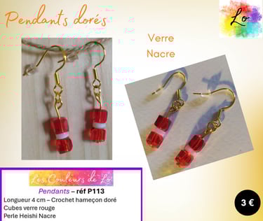 Boucles pendants laiton verre rouge Nacre Les Couleurs de Lo