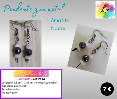 Boucles pendants gun métal Hématite Nacre Les Couleurs de Lo