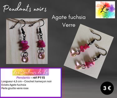 Boucles pendants noirs Agate fuchsia verre rose Les Couleurs de Lo