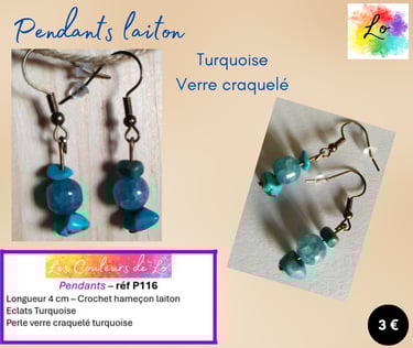 Boucles pendants laiton Turquoise verre craquelé turquoise Les Couleurs de Lo