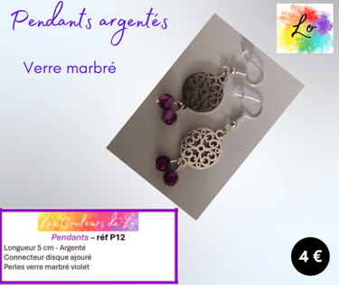 Boucles pendants argentés rosace métal verre marbré violet Les Couleurs de Lo