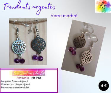 Boucles pendants argentés rosace métal verre marbré violet Les Couleurs de Lo