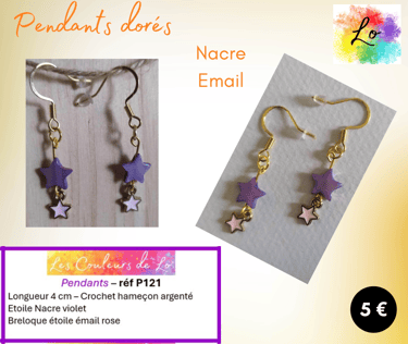 Boucles pendants dorés étoile Nacre violet étoile émail rose Les Couleurs de Lo