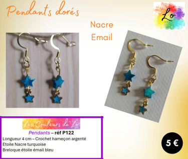 Boucles pendants dorés étoile Nacre bleu étoile émail bleu Les Couleurs de Lo