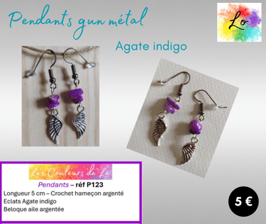 Boucles pendants gun métal Agate indigo aile métal Les Couleurs de Lo
