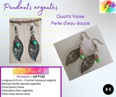 Boucles pendants argentés grande feuille métal Quartz fraise perle d'eau douce Les Couleurs de Lo 