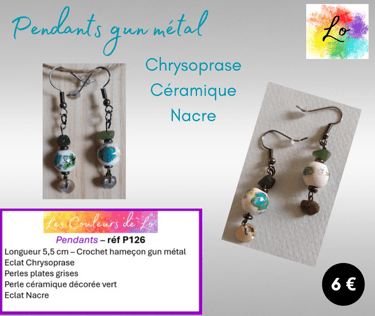 Boucles pendants gun métal Nacre Chrysoprase céramique décorée les Couleurs de Lo