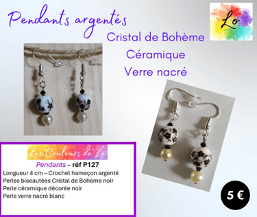 Boucles pendants argentés cristal céramique décorée verre nacré Les Couleurs de Lo