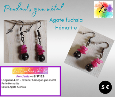 Boucles pendants gun métal Agate fuchsia Hématite Les Couleurs de Lo