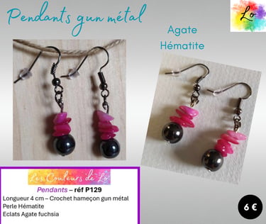Boucles pendants gun métal Agate fuchsia Hématite Les Couleurs de Lo