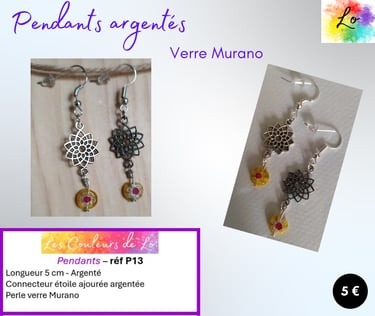 Boucles pendants argentés étoile métal verre Murano Millefiori Les Couleurs de Lo