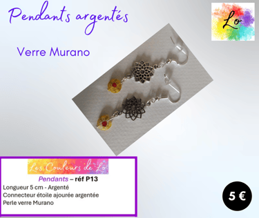 Boucles pendants argentés étoile métal verre Murano Millefiori Les Couleurs de Lo