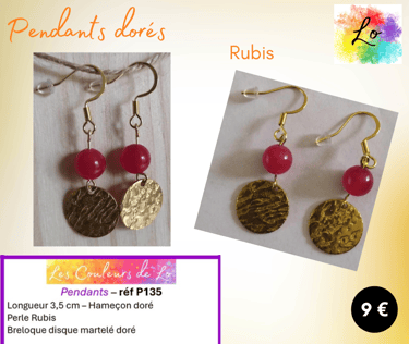 Boucles pendants dorés Rubis disque métal martelé Les Couleurs de Lo