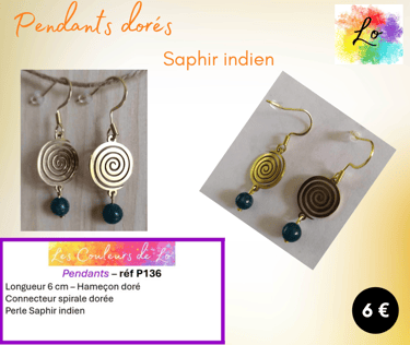 Boucles pendants dorés spirale acier Saphir indien Les Couleurs de Lo