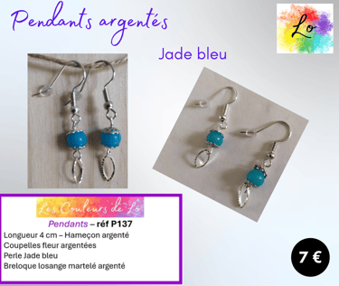 Boucles pendants argentés Jade bleu losange métal Les Couleurs de Lo