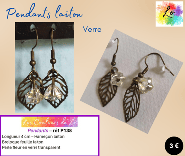 Boucles pendants laiton fleur verre nacré feuille métal Les Couleurs de Lo