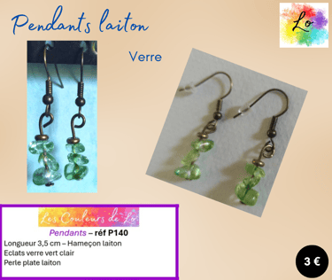 Boucles pendants laiton verre vert clair Les Couleurs de Lo