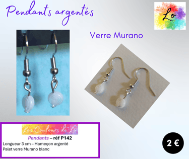 Boucles pendants argentés verre Murano blanc Les Couleurs de Lo