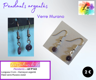 Boucles pendants argentés verre Murano violet Les Couleurs de Lo