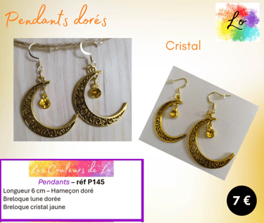 Boucles pendants dorés lune métal cristal jaune Les Couleurs de Lo
