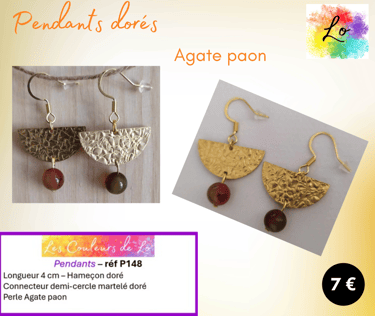 Boucles pendants dorés ovale métal martelé Agate paon Les Couleurs de Lo