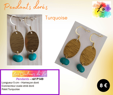 Boucles pendants dorés ovale métal martelé Turquoise Les Couleurs de Lo