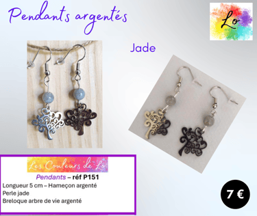 Boucles pendants argentés Jade arbre de vie acier Les Couleurs de Lo