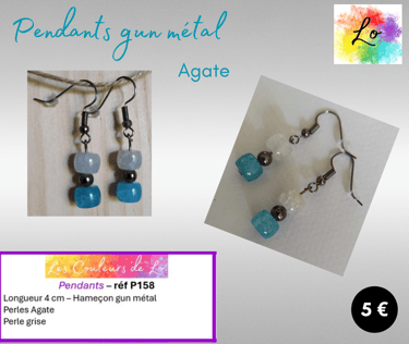 Boucles pendants gun métal Agate perle métal Les Couleurs de Lo