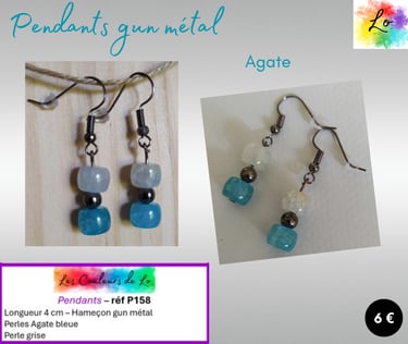 Boucles pendants gun métal Agate perle acier Les Couleurs de Lo
