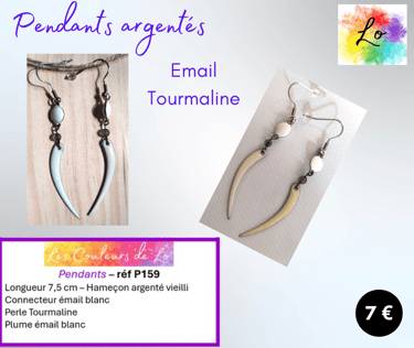 Boucles pendants argentés émail blanc Tourmaline Les Couleurs de Lo