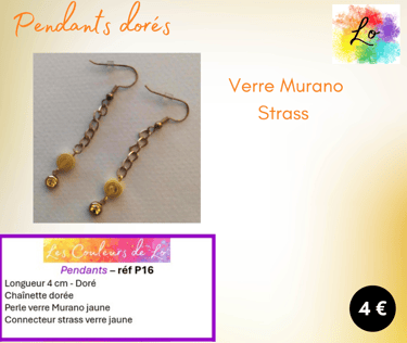 Boucles pendants dorés chaînette verre Murano Millefiori strass verre Les Couleurs de Lo