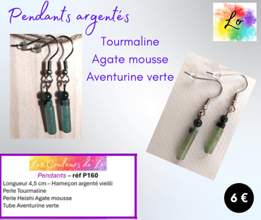Boucles pendants argentés Tourmaline Agate mousse Aventurine Les Couleurs de Lo