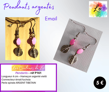 Boucles pendants argentés émail rose spirale Argent tibétain Les Couleurs de Lo