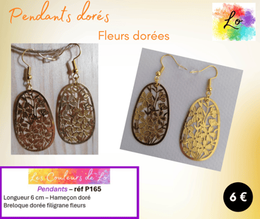 Boucles pendants dorés fleurs filigrane métal Les Couleurs de Lo