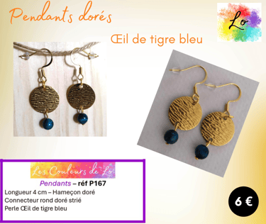 Boucles pendants dorés disque métal martelé Œil de tigre bleu Les Couleurs de Lo