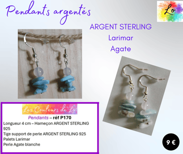 Boucles pendants Argent Sterling 925 Larimar Agate blanche Les Couleurs de Lo