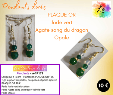Boucles pendants Plaqué or Jade Agate sang du dragon Opale Les Couleurs de Lo