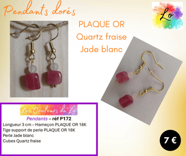 Boucles pendants Plaqué or Quartz fraise Jade blanc Les Couleurs de Lo