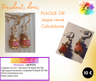Boucles pendants Plaqué or Calcédoine rose Jaspe veiné Les Couleurs de Lo