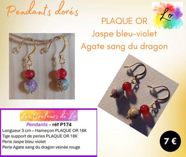 Boucles pendants Plaqué or Jaspe Agate sang du dragon Les Couleurs de Lo