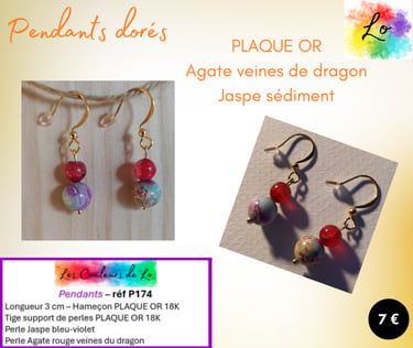 Boucles pendants Plaqué or Jaspe sédiment Agate rouge veines du dragon Les Couleurs de Lo